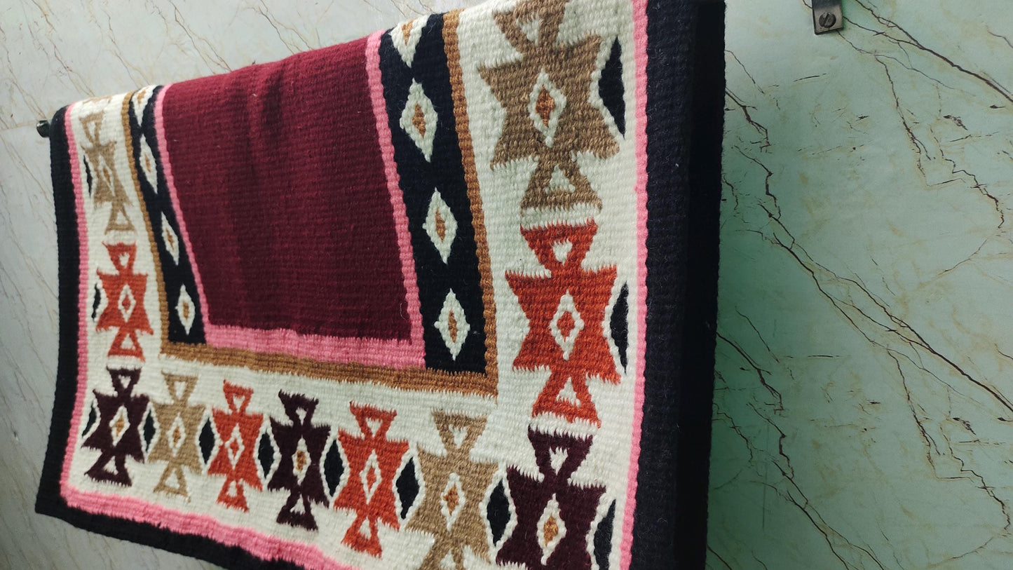 Burgundy Pink Wool Western Saddle Blanket – Aztec Cross Diamond Show Blanket | Horse Pad Barrel Racing Rodeo Tack