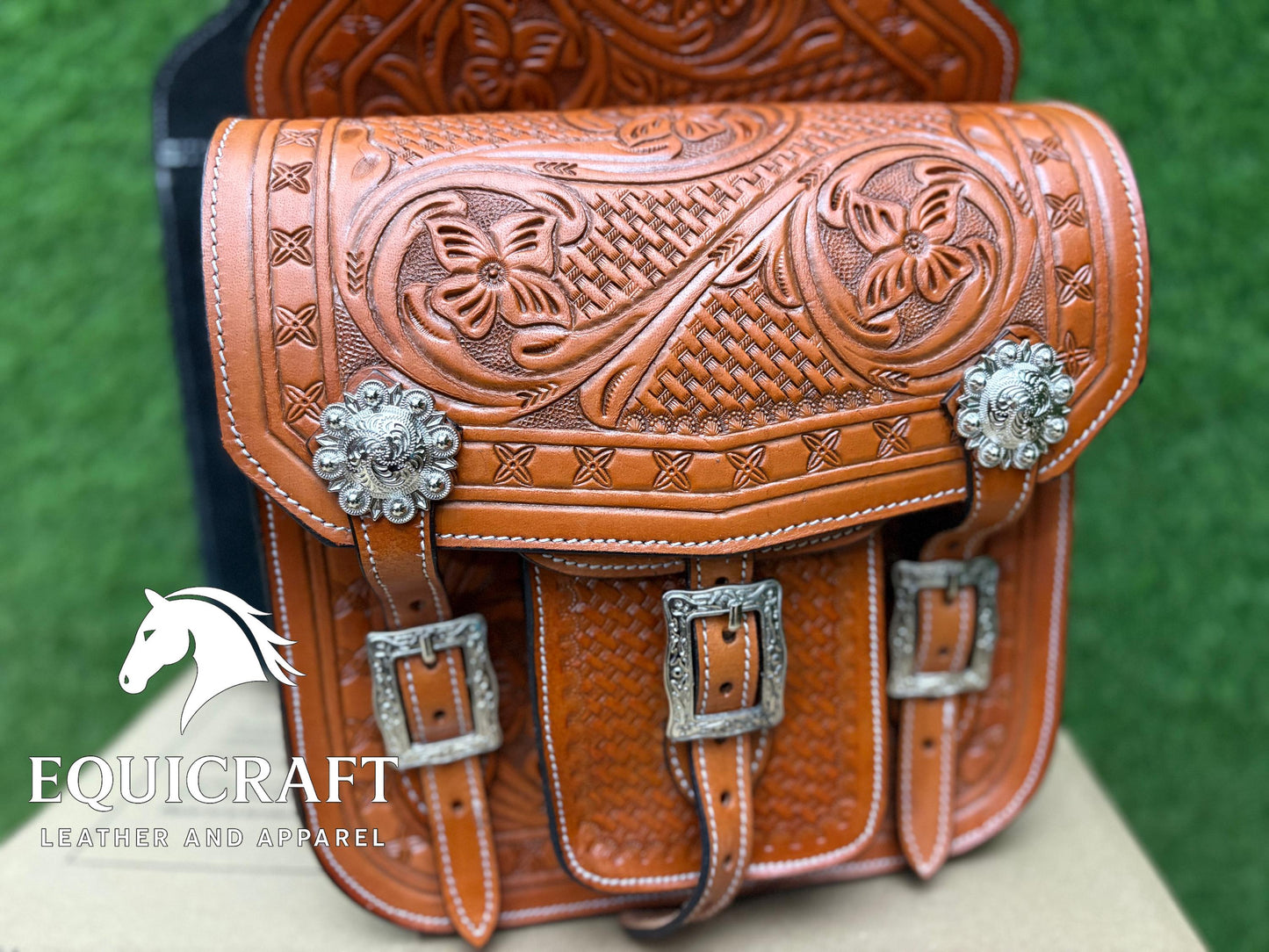 Hand Tooled Leather Western Saddle Bag β Floral Basket Weave Horse Trail Bag | Silver Concho Cowboy Riding Tack
