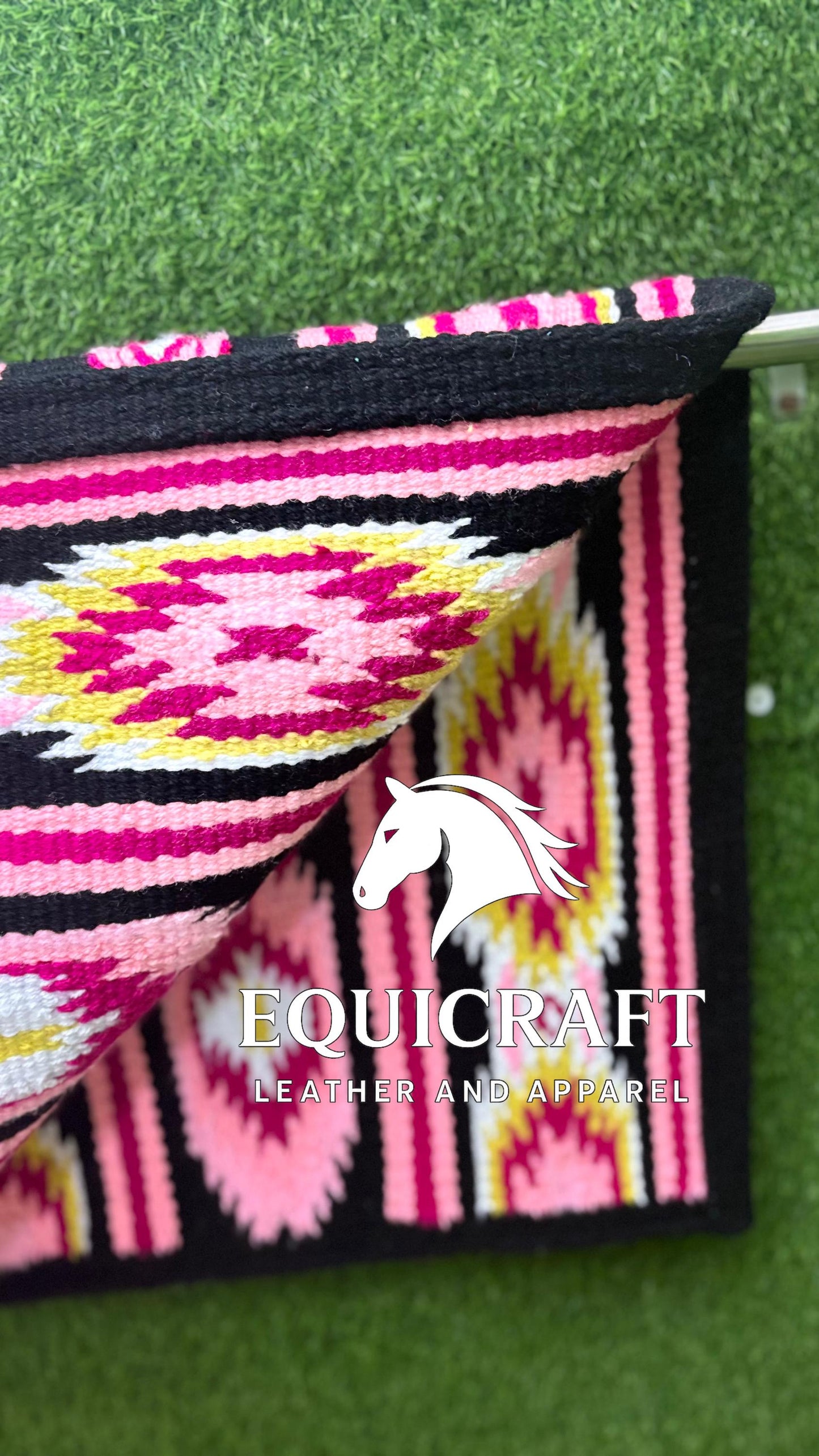 Aztec Western Saddle Blanket | Pink Black Show Pad | Hand-Woven Wool Horse Saddle Pad | Southwestern Ranch Trail Pad Gift for Rider