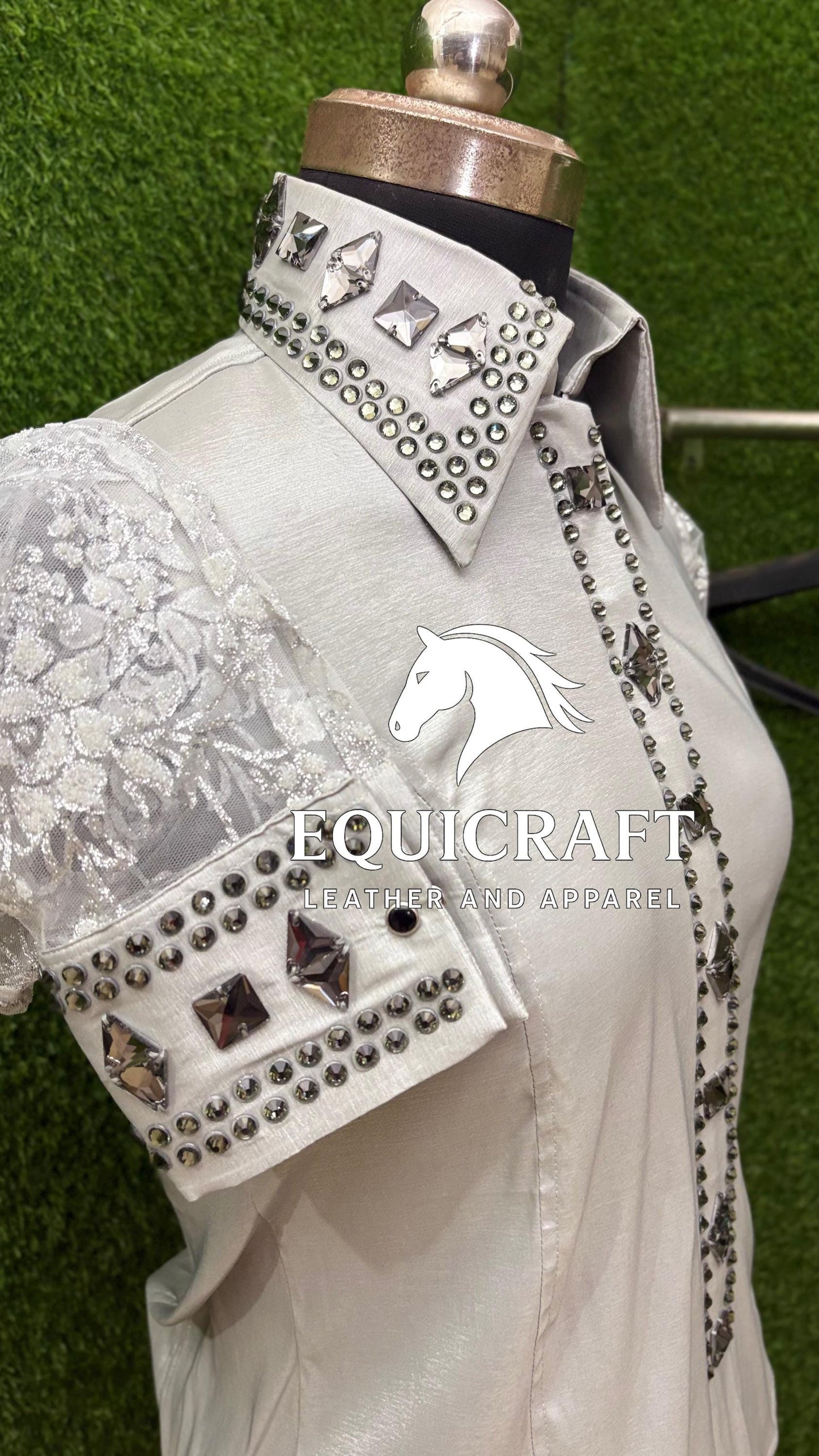 Womens Western Show Shirt | White Rhinestone Crystal Lace Sleeve Showmanship Shirt | Ladies Rodeo Show Blouse | Horse Show Shirt