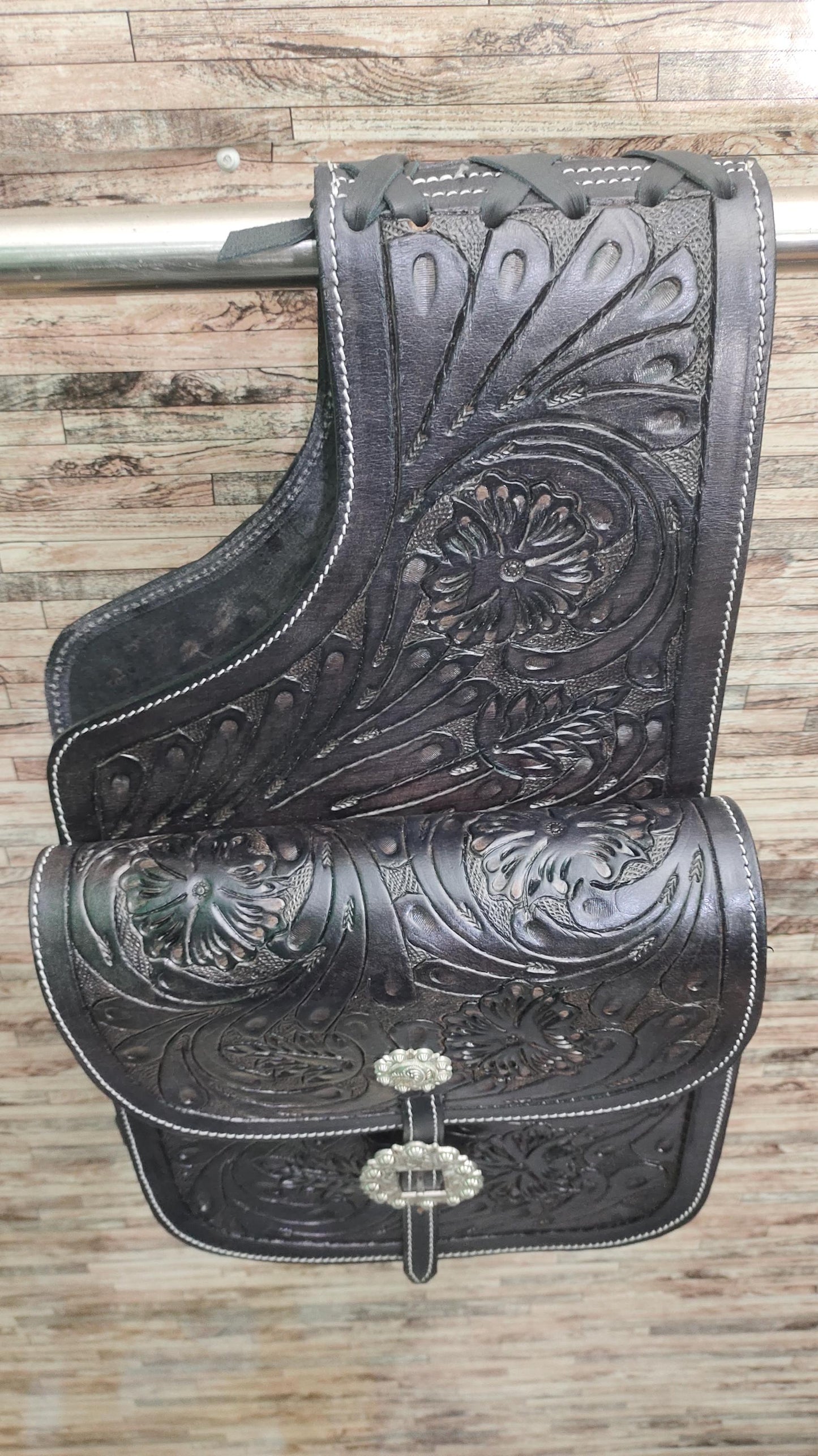 Black Floral Tooled Leather Western Saddle Bag β Silver Concho Buckle Horse Trail Bag | Cowboy Riding Tack