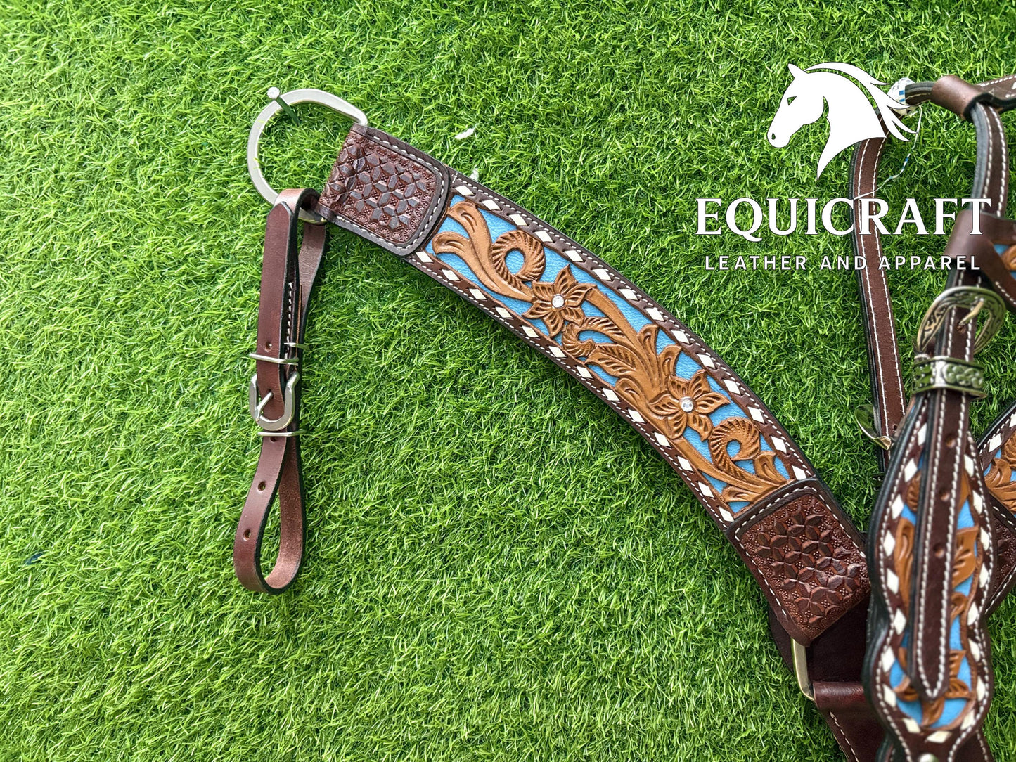 Two Tone Turquoise Inlay Tooled Leather One Ear Headstall and Breast Collar – Floral Carved Western Horse Tack | Barrel Racing Rodeo Gear
