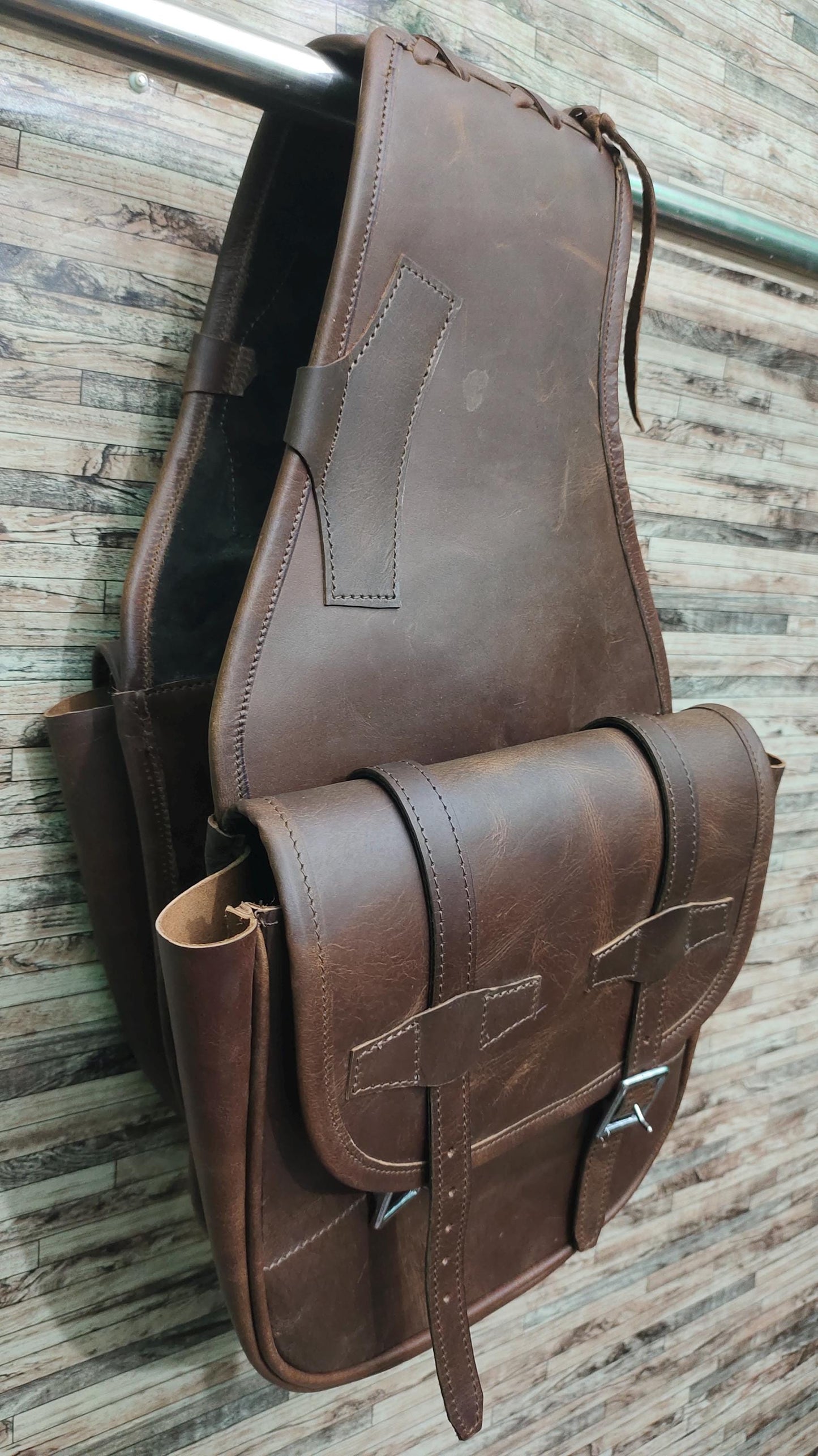 Brown Crazy Horse Leather Western Saddle Bag β Single Buckle Large Rustic Horse Trail Bag | Cowboy Riding Tack