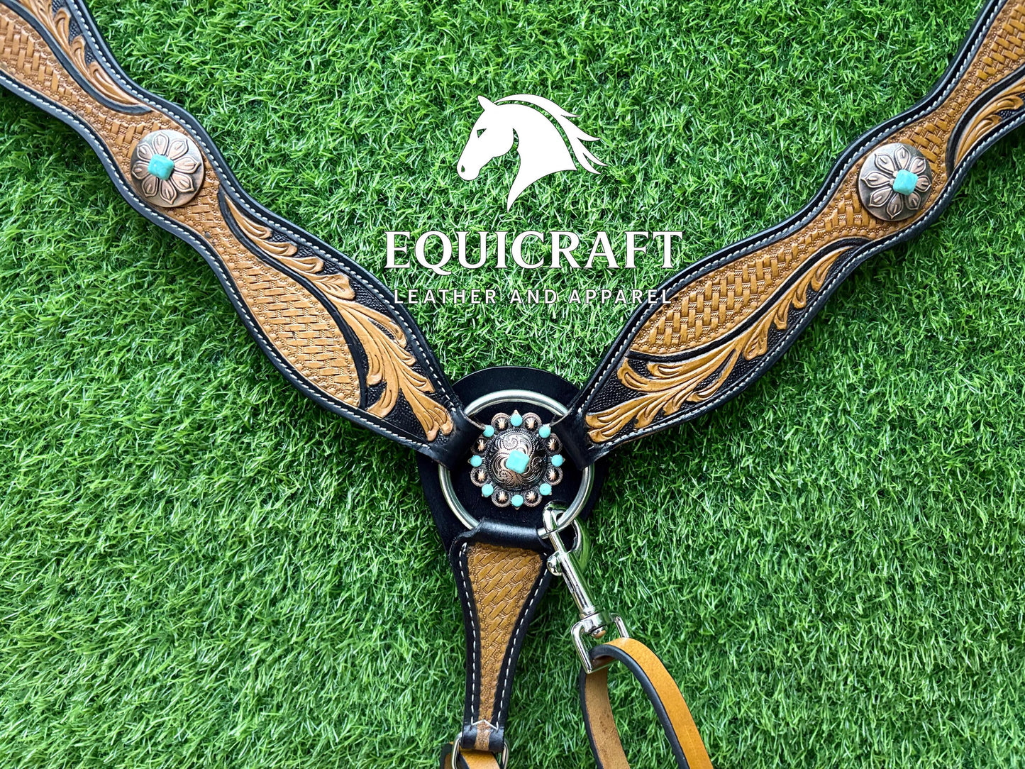 Two Tone Tooled Leather Western Breast Collar – Turquoise Concho Floral Carved Horse Tack | Barrel Racing Rodeo Gear