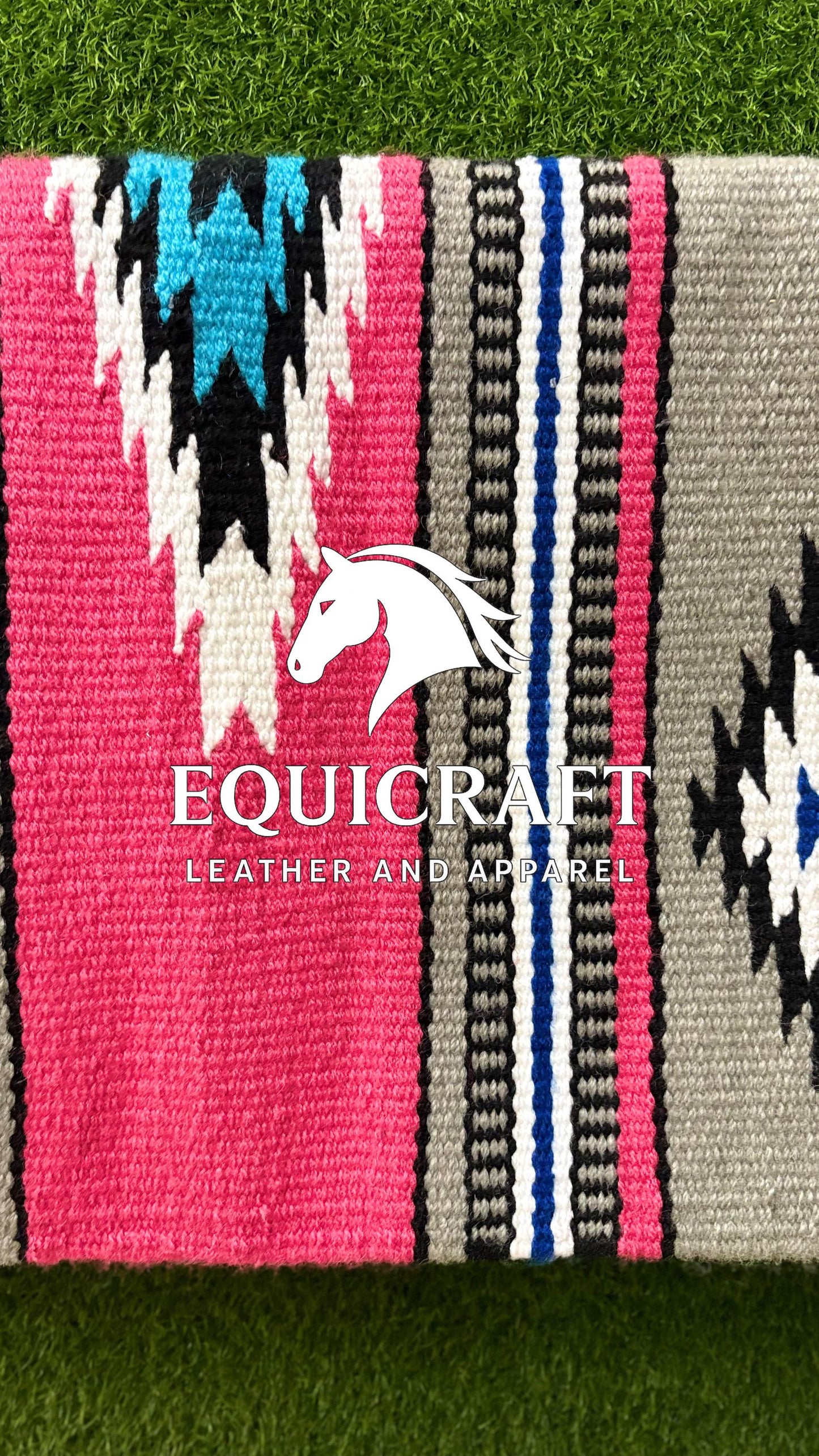 Western Saddle Blanket | Gray Pink Black Blue Wool Pad | Hand-Woven Southwestern Horse Saddle Blanket | Equestrian Gift SIZE 34X34