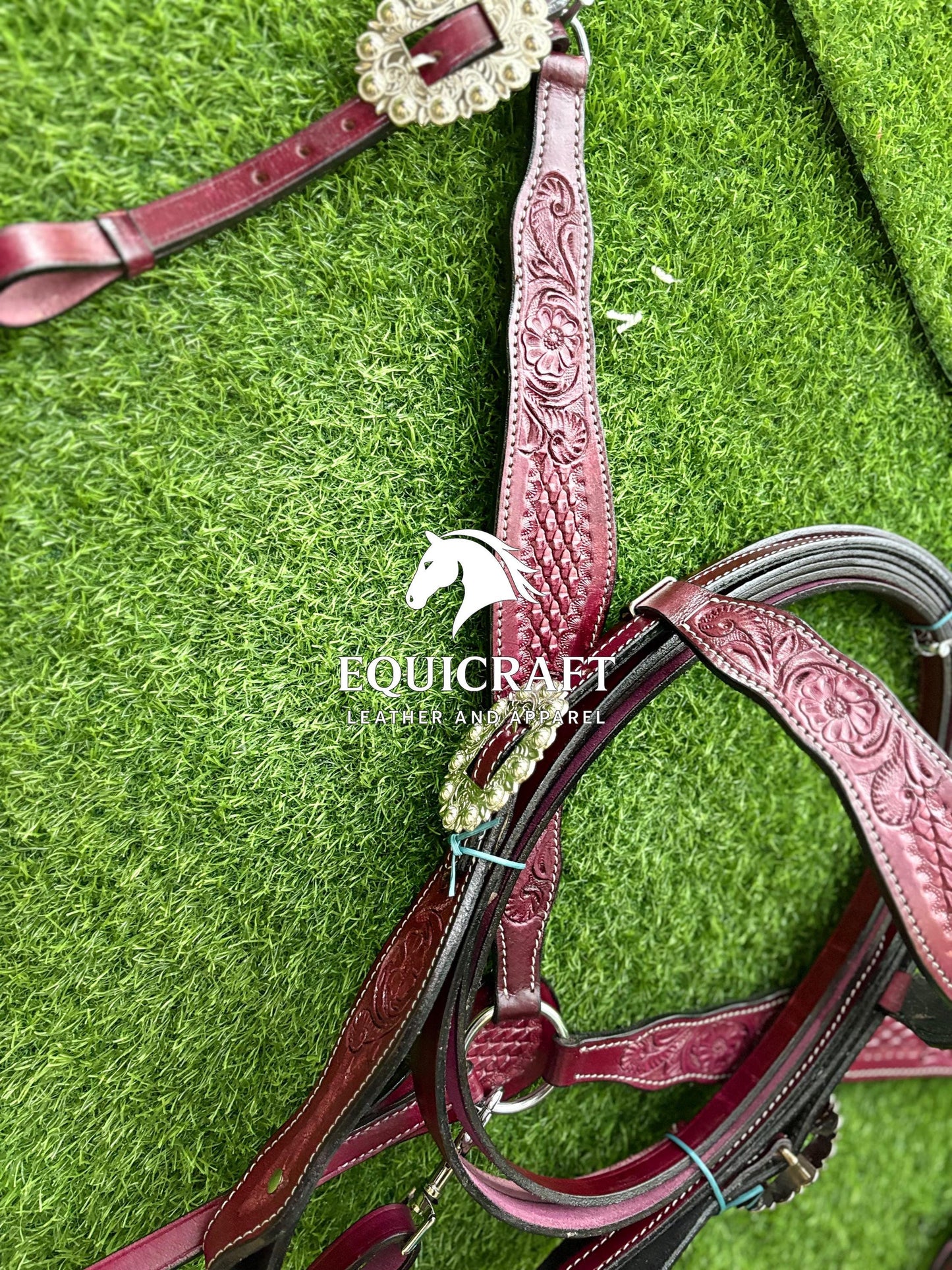 Burgundy Tooled Leather Western Headstall & Breast Collar Set – Silver Concho Horse Tack | Barrel Racing Rodeo Gear