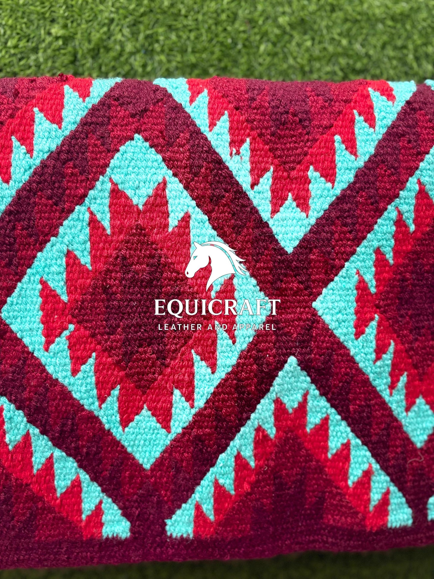 Aztec Western Saddle Blanket | Burgundy Turquoise Red Wool Pad | Hand-Woven Southwestern Horse Saddle Blanket | Show Pad