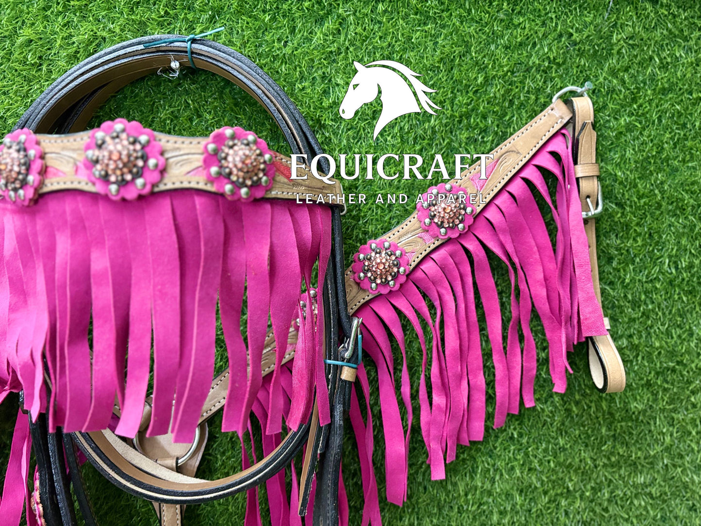 Hot Pink Fringe Crystal Concho Western Headstall & Breast Collar Set – Tooled Leather Horse Tack | Barrel Racing Rodeo