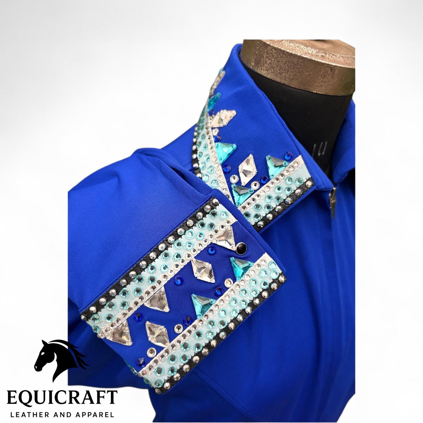 Womens Western Show Shirt | Royal Blue Rhinestone Turquoise Crystal Collar | Ladies Zip Showmanship Shirt | Horse Show Blouse