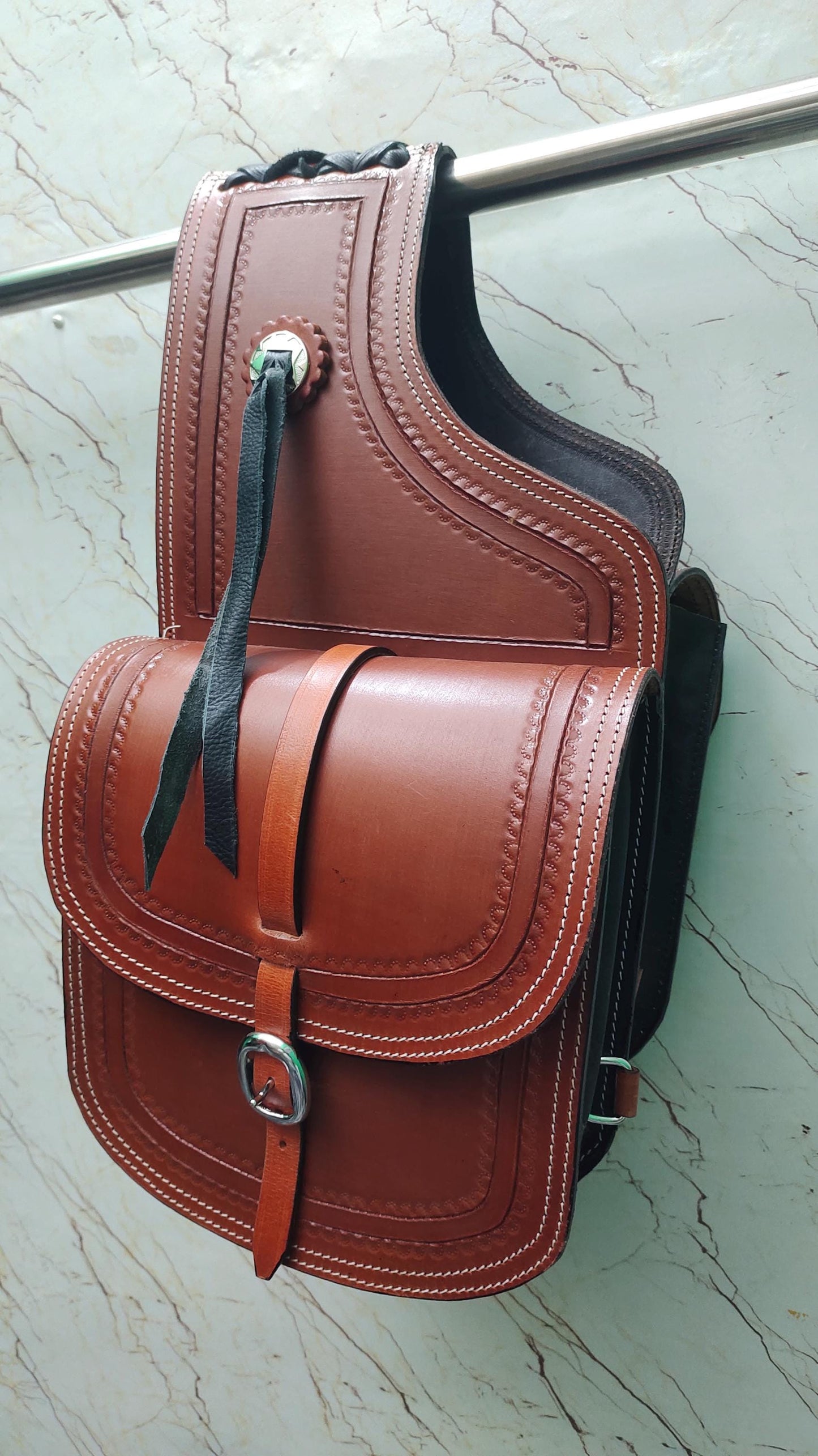 Tan Leather Western Saddle Bag β Border Stamp Concho Horse Trail Bag | Single Buckle Cowboy Riding Tack
