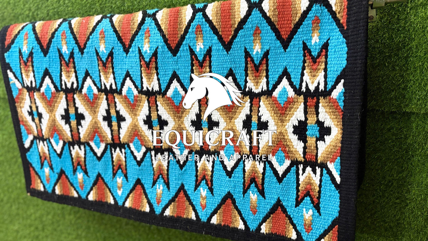 Turquoise Red Gold Wool Western Saddle Blanket – Aztec Chevron Show Blanket | Horse Pad Barrel Racing Rodeo Tack
