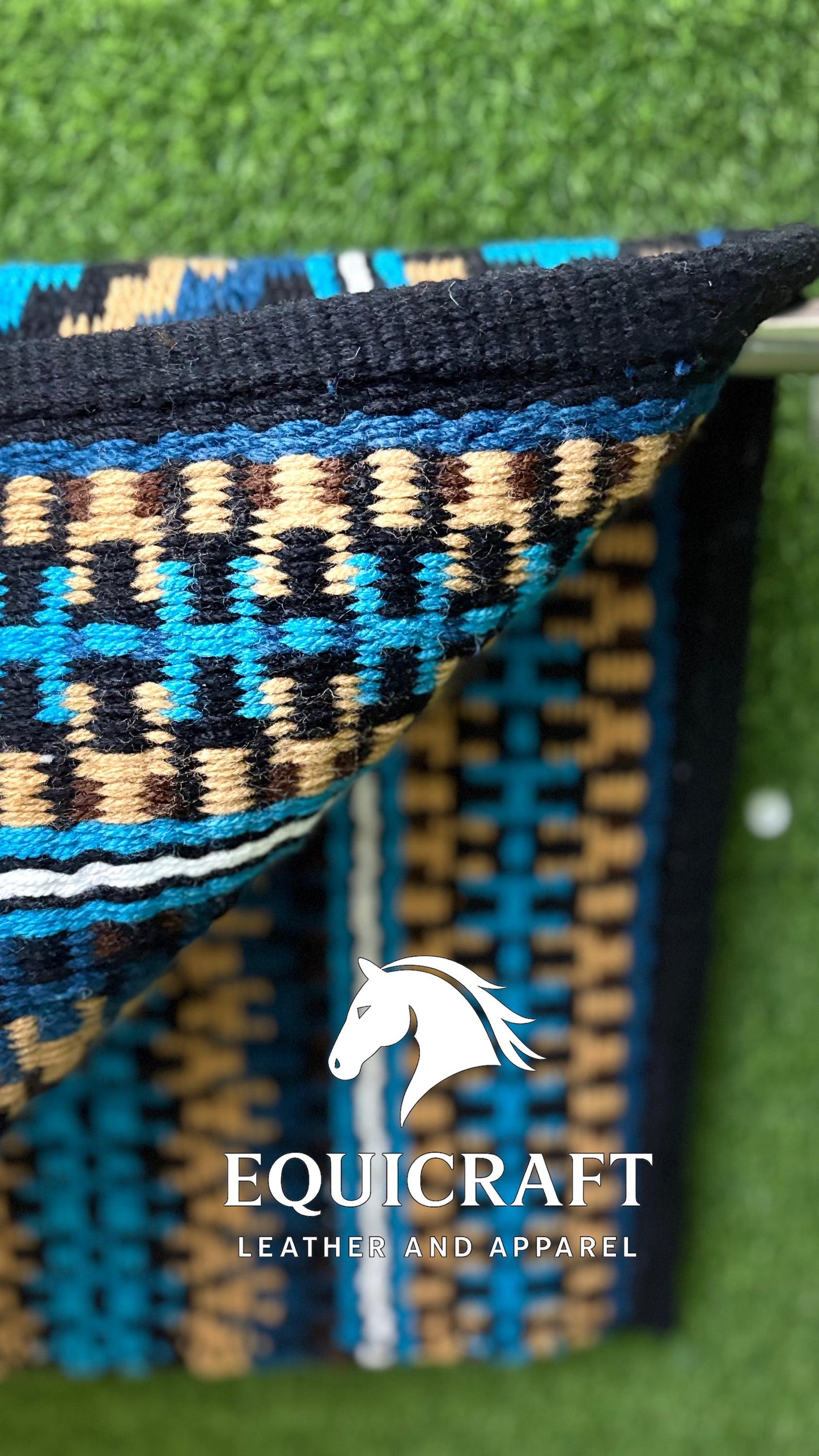 Aztec Western Show Saddle Pad | Black Turquoise Tan Wool Blanket | Hand-Woven Southwestern Horse Saddle Pad | Trail Pad Equestrian Gift