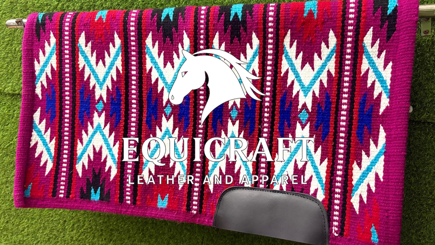 Western Show Saddle Pad | Magenta Pink White Turquoise Wool Blanket | Hand-Woven Southwestern Horse Saddle Pad | Barrel Racing Pad