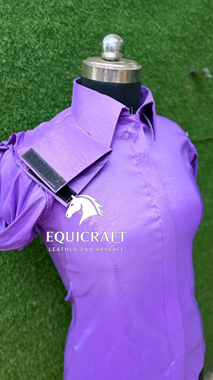 Womens Western Show Shirt | Lavender Purple Satin Showmanship Shirt | Ladies Fitted Puff Sleeve Rodeo Blouse | Horse Show Shirt