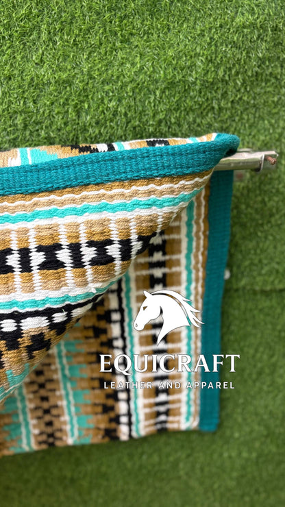 Western Show Saddle Pad | Teal Gold Black White Wool Blanket | Hand-Woven Southwestern Horse Saddle Pad | Show Trail Pad Equestrian Gift