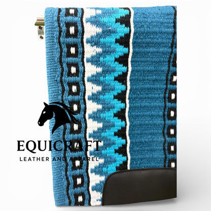Western Show Saddle Pad | Steel Blue Turquoise Black White Wool Blanket | Hand-Woven Southwestern Horse Saddle Pad | Trail Pad 34X42