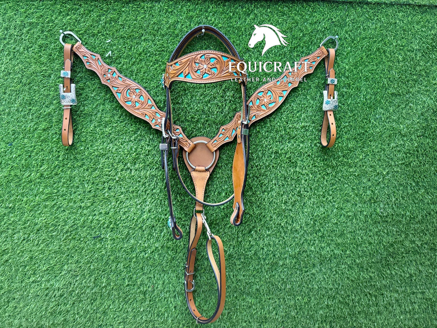 Hand Tooled Leather Headstall & Breast Collar Set – Turquoise Inlay Western Horse Tack | Floral Carved Rodeo Bridle