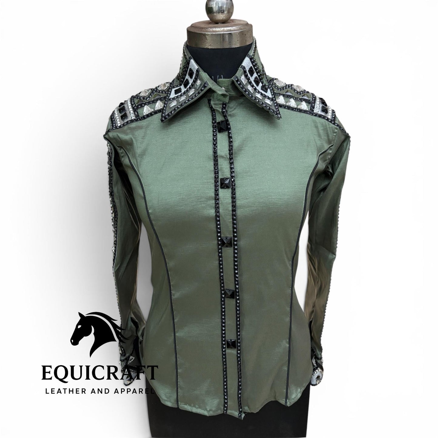 Green Western Show Shirt | Women's Rodeo Equestrian Apparel with Crystal Embellishments