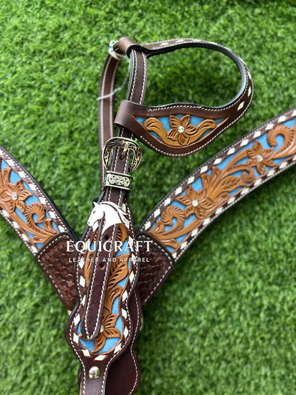 Two Tone Turquoise Inlay Tooled Leather One Ear Headstall and Breast Collar – Floral Carved Western Horse Tack | Barrel Racing Rodeo Gear