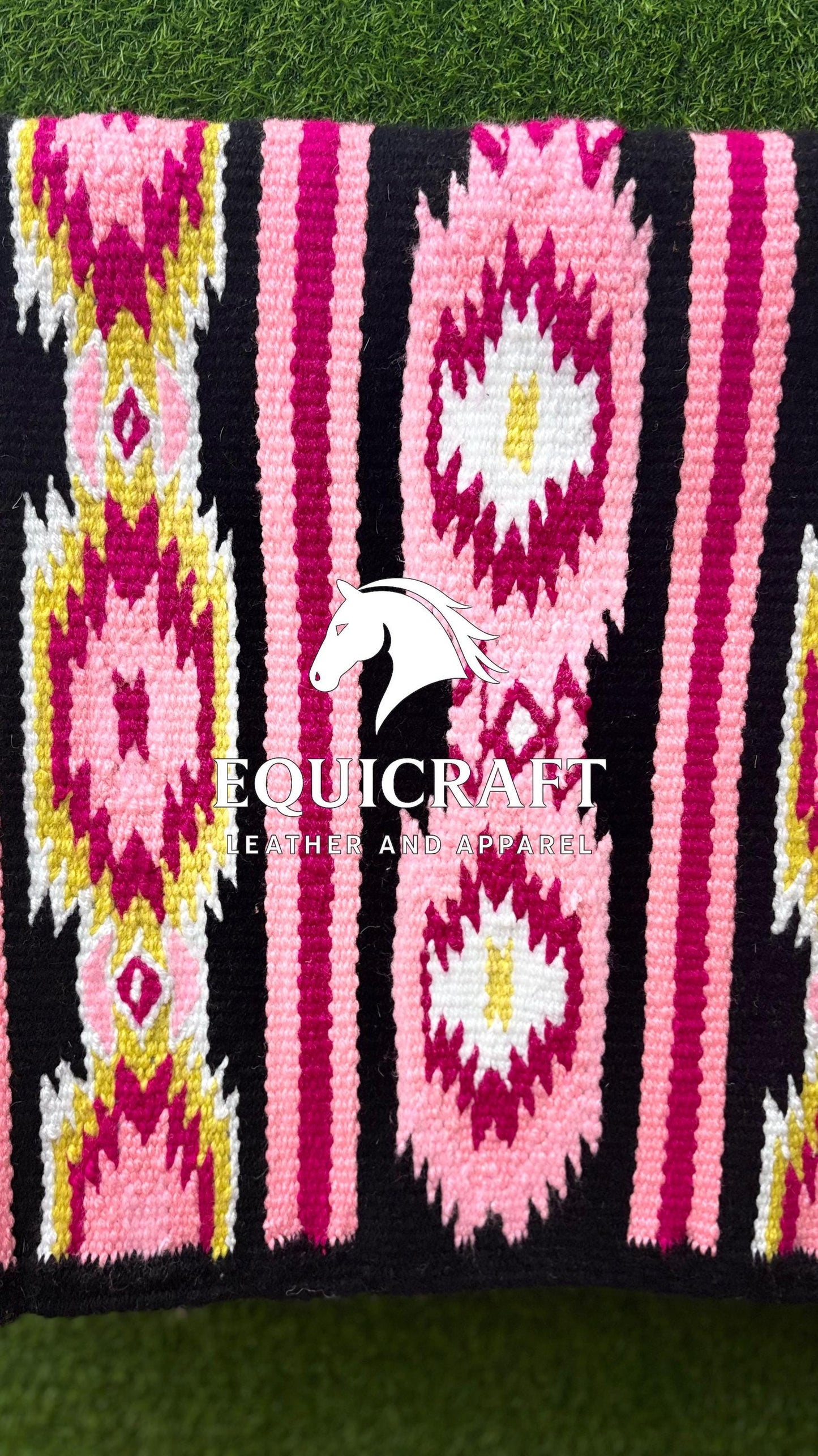 Aztec Western Saddle Blanket | Pink Black Show Pad | Hand-Woven Wool Horse Saddle Pad | Southwestern Ranch Trail Pad Gift for Rider