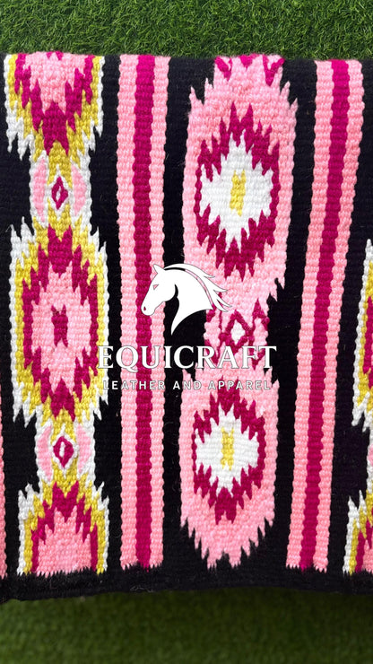 Aztec Western Saddle Blanket | Pink Black Show Pad | Hand-Woven Wool Horse Saddle Pad | Southwestern Ranch Trail Pad Gift for Rider