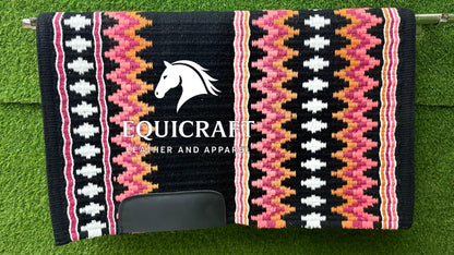 Western Show Saddle Pad | Black Pink Orange White Wool Blanket | Hand-Woven Southwestern Horse Saddle Pad | Barrel Racing Pad