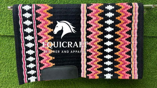 Western Show Saddle Pad | Black Pink Orange White Wool Blanket | Hand-Woven Southwestern Horse Saddle Pad | Barrel Racing Pad