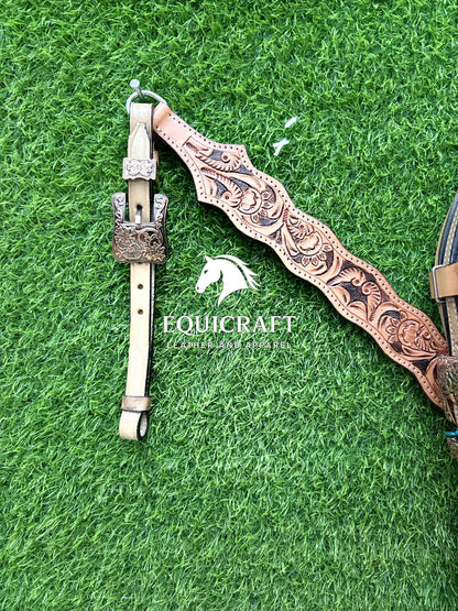 Tan Black Floral Tooled Leather Western Headstall & Breast Collar Set – Antique Concho Horse Tack | Barrel Racing Rodeo