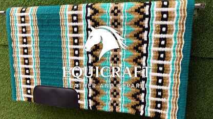 Western Show Saddle Pad | Teal Gold Black White Wool Blanket | Hand-Woven Southwestern Horse Saddle Pad | Show Trail Pad Equestrian Gift