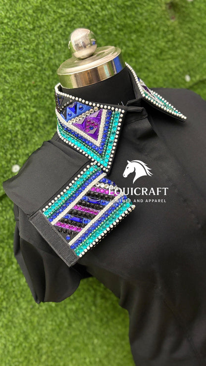 Womens Western Show Shirt | Black Turquoise Purple Blue Rhinestone Showmanship Shirt | Ladies Rodeo Queen Blouse | Horse Show Shirt