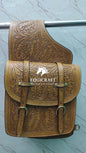 Tan Acorn Leaf Tooled Leather Western Saddle Bag – Double Buckle Brass Hardware Horse Trail Tack