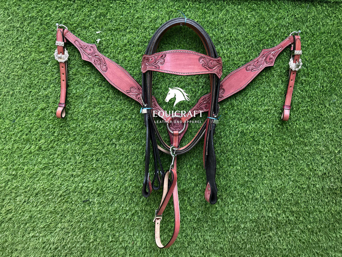 Pink Rose Tooled Leather Western Headstall & Breast Collar Set – Silver Buckle Horse Tack | Barrel Racing Rodeo Gear