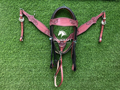 Pink Rose Tooled Leather Western Headstall & Breast Collar Set – Silver Buckle Horse Tack | Barrel Racing Rodeo Gear