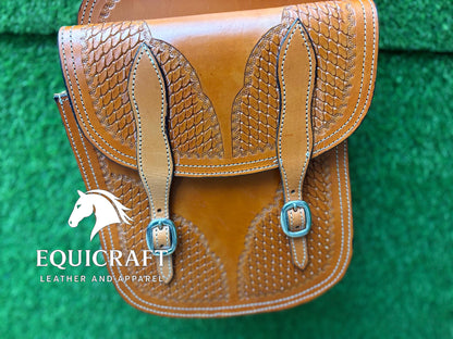 Tan Leather Western Saddle Bag – Basket Weave Tooled Double Buckle Horse Trail Bag | Cowboy Riding Tack