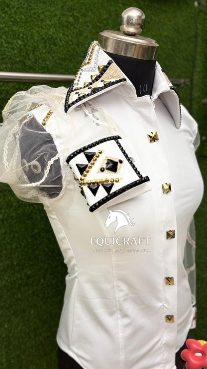 Womens Western Show Shirt | White Black Gold Rhinestone Tulle Sleeve Showmanship Shirt | Ladies Rodeo Queen Blouse | Horse Show Shirt Gift