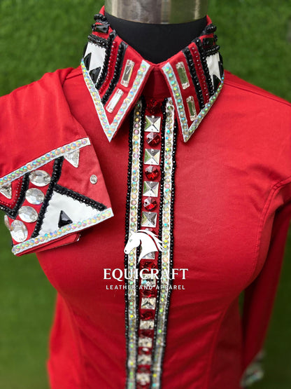 Womens Western Show Shirt | Red Crystal Rhinestone Embellished Showmanship Shirt | Ladies Rodeo Queen Blouse | Horse Show Shirt