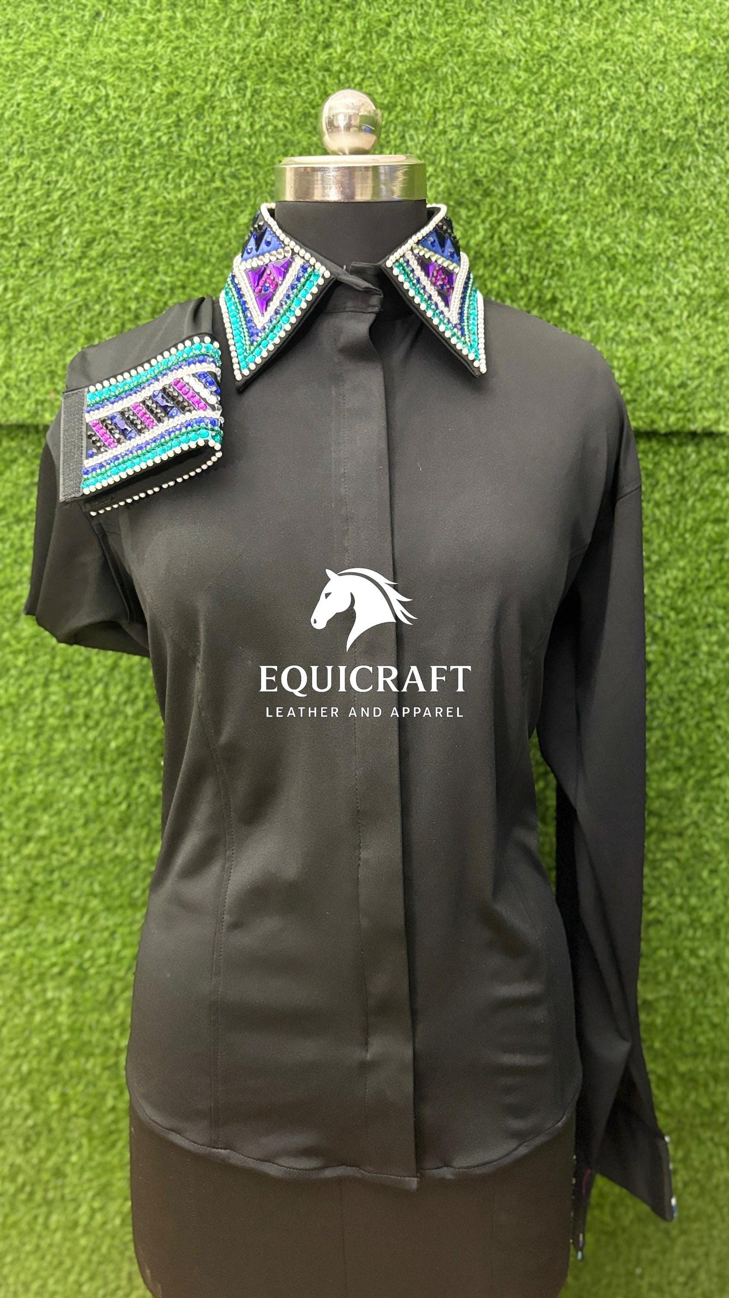 Womens Western Show Shirt | Black Turquoise Purple Blue Rhinestone Showmanship Shirt | Ladies Rodeo Queen Blouse | Horse Show Shirt