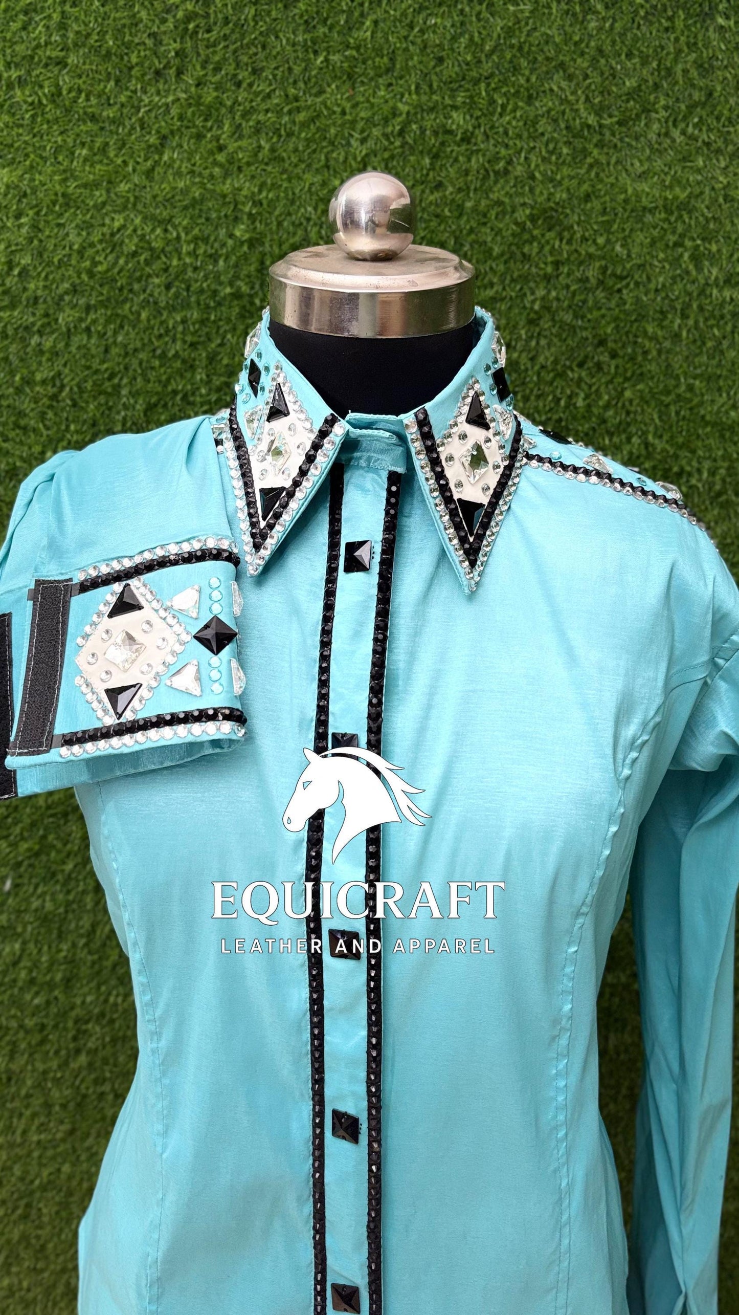 Womens Western Show Shirt | Mint Aqua Black Silver Rhinestone Mirror Showmanship Shirt | Ladies Rodeo Queen Blouse | Horse Show Shirt Gift