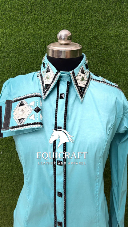 Womens Western Show Shirt | Mint Aqua Black Silver Rhinestone Mirror Showmanship Shirt | Ladies Rodeo Queen Blouse | Horse Show Shirt Gift