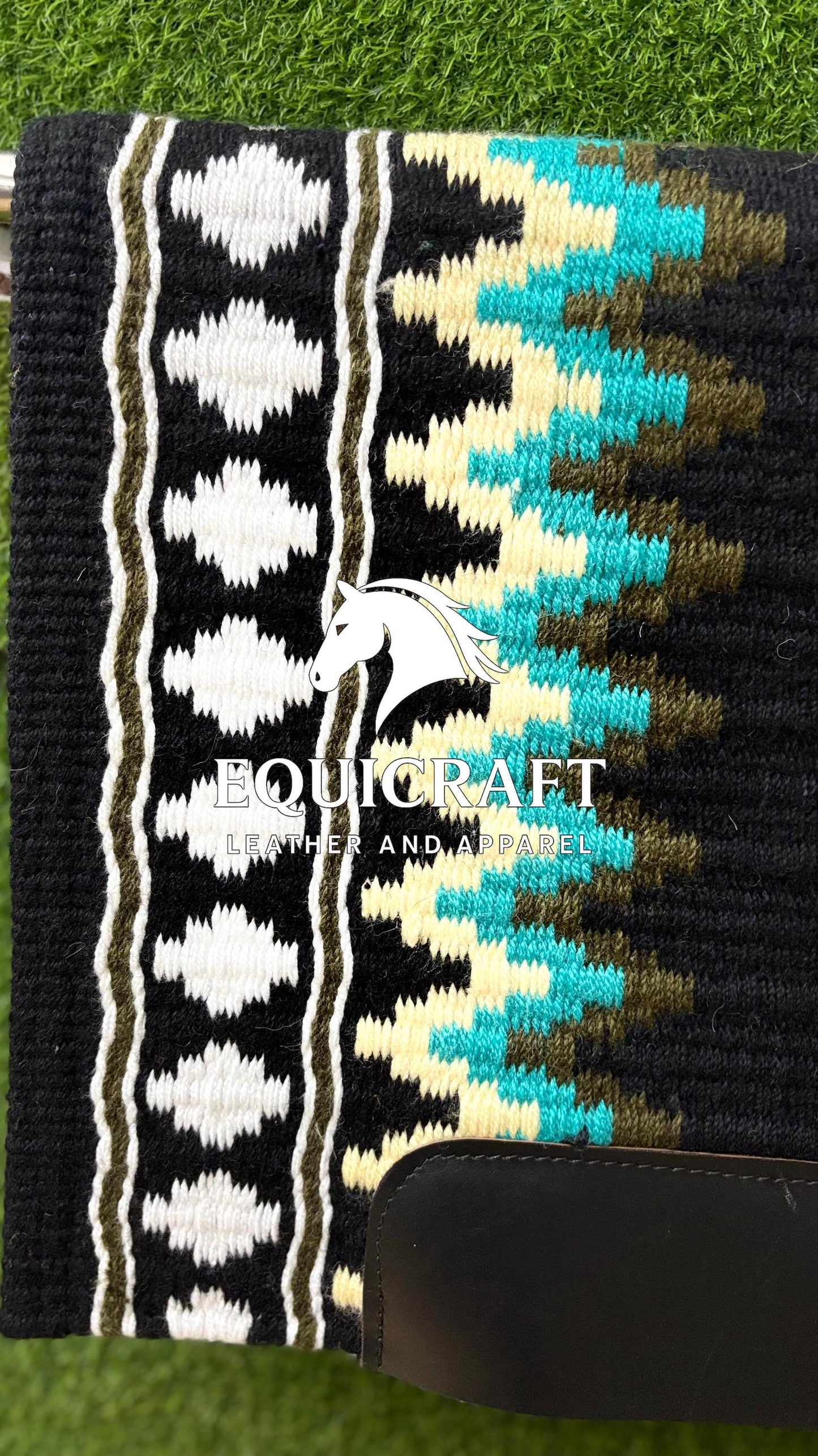 Western Show Saddle Pad | Black Turquoise Olive Cream Wool Blanket | Hand-Woven Southwestern Horse Saddle Pad | Show Trail Pad