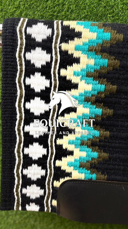Western Show Saddle Pad | Black Turquoise Olive Cream Wool Blanket | Hand-Woven Southwestern Horse Saddle Pad | Show Trail Pad