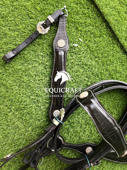 Black Crocodile Print Leather Western Headstall & Breast Collar Set – Crystal Concho Horse Tack | Barrel Racing Rodeo