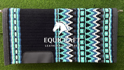 Black Mint Blue Wool Western Saddle Pad – Aztec Zigzag Show Pad | Horse Blanket Barrel Racing Rodeo Ranch Tack
