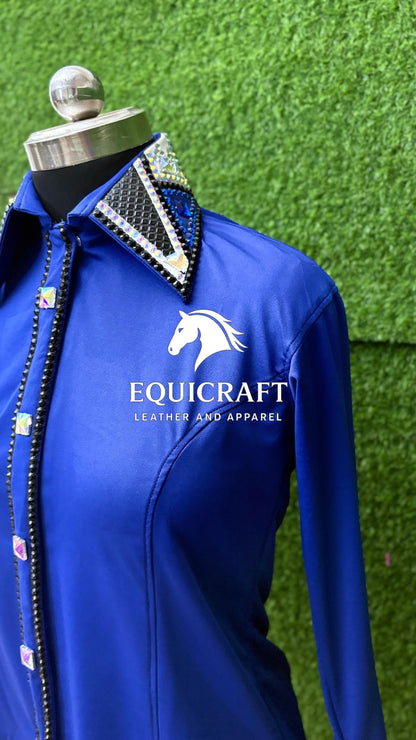 Womens Western Show Shirt | Royal Blue Black AB Crystal Rhinestone Showmanship Shirt | Ladies Rodeo Queen Blouse | Horse Show Shirt