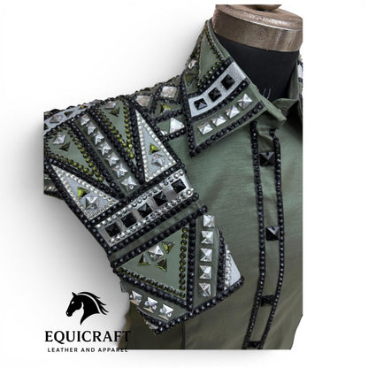 Green Western Show Shirt | Women's Rodeo Equestrian Apparel with Crystal Embellishments