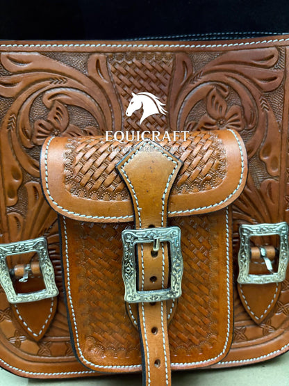 Hand Tooled Leather Western Saddle Bag – Floral Basket Weave Horse Trail Bag | Silver Concho Cowboy Riding Tack