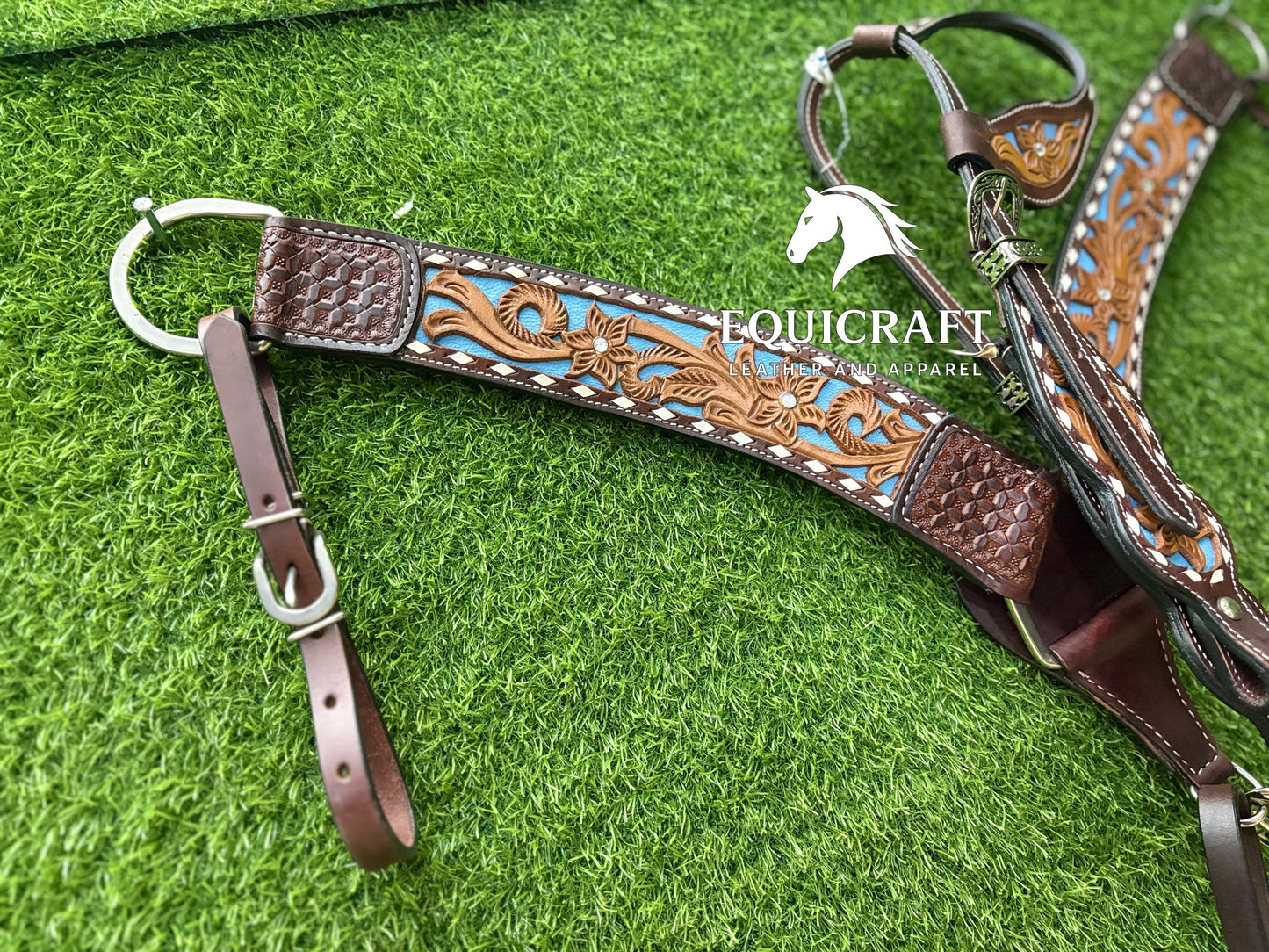 Two Tone Turquoise Inlay Tooled Leather One Ear Headstall and Breast Collar – Floral Carved Western Horse Tack | Barrel Racing Rodeo Gear