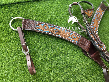 Two Tone Turquoise Inlay Tooled Leather One Ear Headstall and Breast Collar – Floral Carved Western Horse Tack | Barrel Racing Rodeo Gear