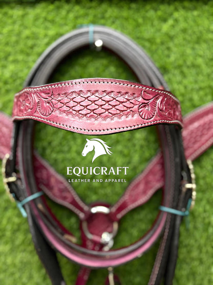 Burgundy Tooled Leather Western Headstall & Breast Collar Set – Silver Concho Horse Tack | Barrel Racing Rodeo Gear