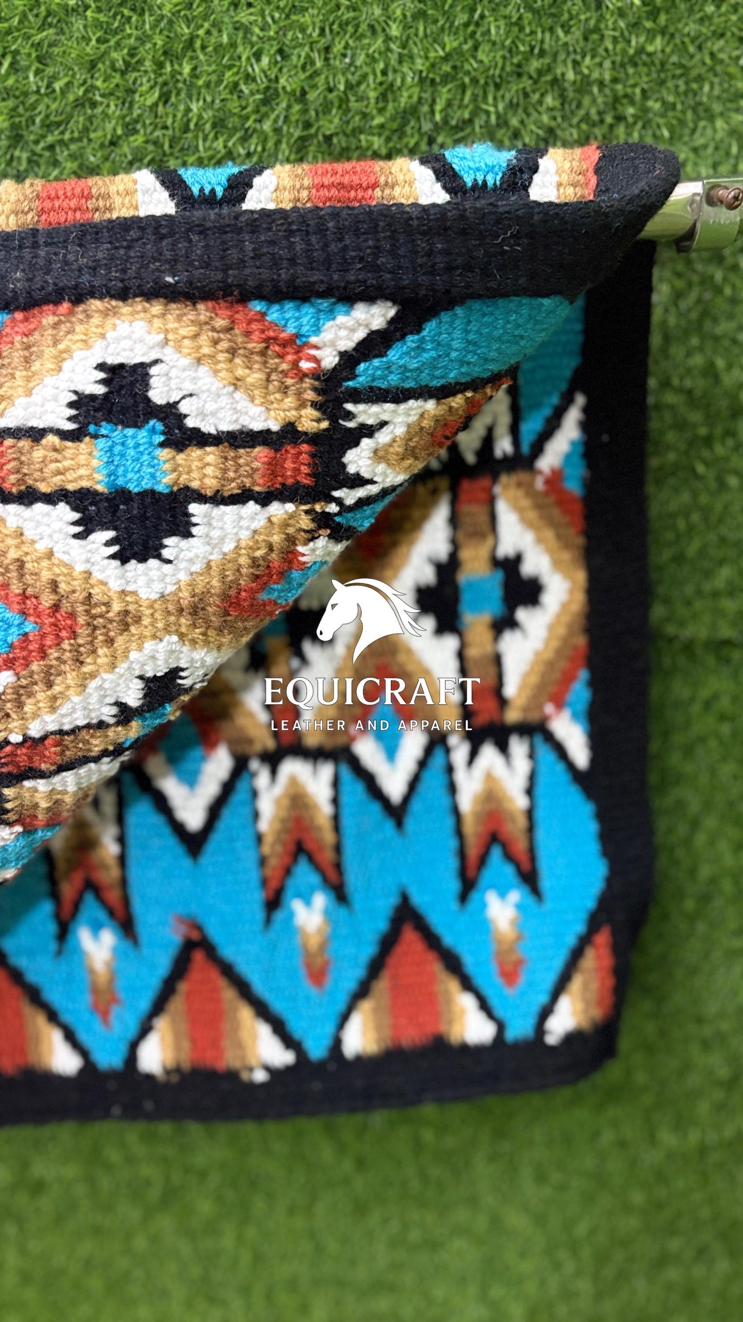 Turquoise Red Gold Wool Western Saddle Blanket – Aztec Chevron Show Blanket | Horse Pad Barrel Racing Rodeo Tack